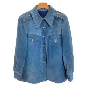 Vintage 70s Mens‎ Blue Suede Leather Dagger Collar Jacket // Size Small